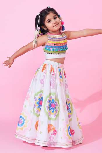 Joey & Pooh_White Cotton, Chanderi Mae Printed Lehenga Set _Online_at_Aza_Fashions