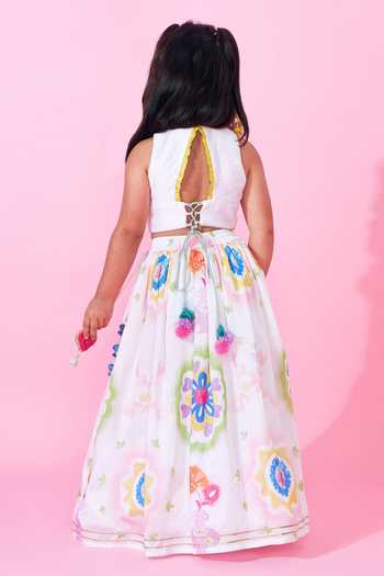 Shop_Joey & Pooh_White Cotton, Chanderi Mae Printed Lehenga Set _at_Aza_Fashions