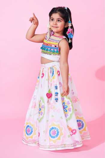 Shop_Joey & Pooh_White Cotton, Chanderi Mae Printed Lehenga Set _Online_at_Aza_Fashions