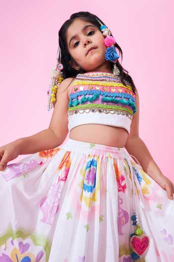Shop_Joey & Pooh_White Cotton, Chanderi Mae Printed Lehenga Set 