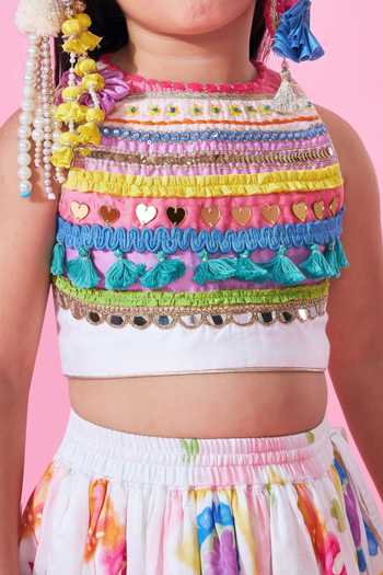 Joey & Pooh_White Cotton, Chanderi Mae Printed Lehenga Set _Online