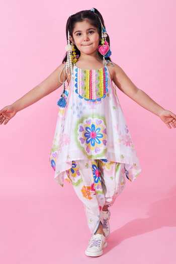 Joey & Pooh_White Cotton, Chanderi, Viscose, Shantoon Mae Printed Top And Pant Set _Online_at_Aza_Fashions