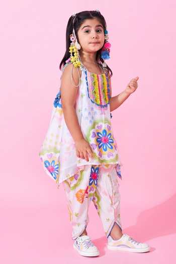 Shop_Joey & Pooh_White Cotton, Chanderi, Viscose, Shantoon Mae Printed Top And Pant Set _Online_at_Aza_Fashions