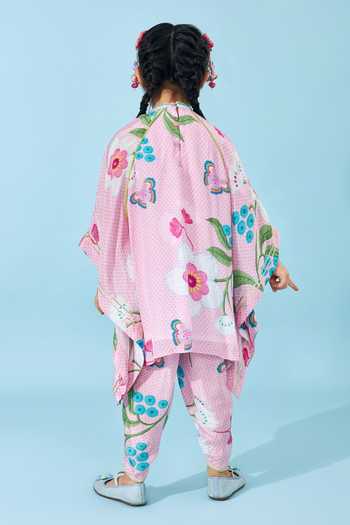 Shop_Joey & Pooh_Pink Crepe Raya Printed Kaftan And Pant Set _at_Aza_Fashions