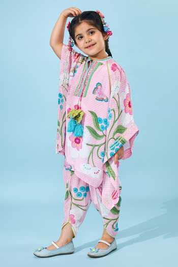 Buy_Joey & Pooh_Pink Crepe Raya Printed Kaftan And Pant Set _Online_at_Aza_Fashions