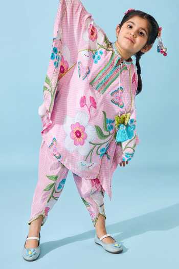 Shop_Joey & Pooh_Pink Crepe Raya Printed Kaftan And Pant Set _Online_at_Aza_Fashions