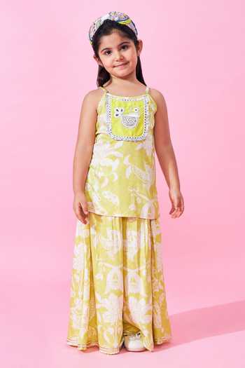 Joey & Pooh_Yellow Cotton, Satin, Modal, Voile Printed Kurta Set _Online_at_Aza_Fashions