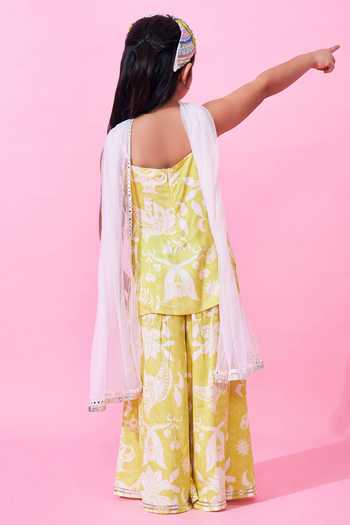 Shop_Joey & Pooh_Yellow Cotton, Satin, Modal, Voile Printed Kurta Set _at_Aza_Fashions
