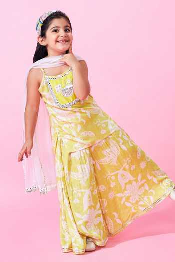 Shop_Joey & Pooh_Yellow Cotton, Satin, Modal, Voile Printed Kurta Set _Online_at_Aza_Fashions
