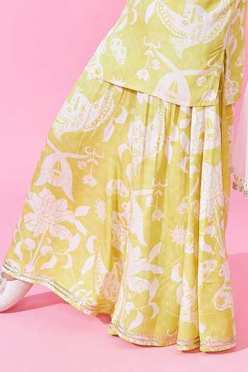 Joey & Pooh_Yellow Cotton, Satin, Modal, Voile Printed Kurta Set _at_Aza_Fashions
