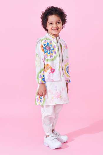 Joey & Pooh_White Cotton, Chanderi, Viscose Embroidery Mae Printed Bundi And Kurta Set _Online_at_Aza_Fashions