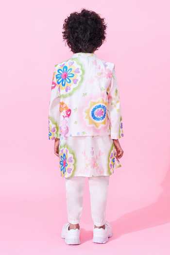 Shop_Joey & Pooh_White Cotton, Chanderi, Viscose Embroidery Mae Printed Bundi And Kurta Set _at_Aza_Fashions