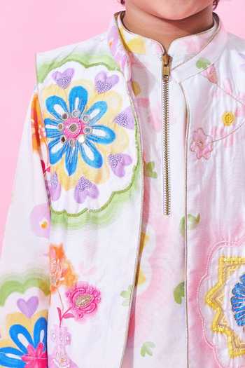 Shop_Joey & Pooh_White Cotton, Chanderi, Viscose Embroidery Mae Printed Bundi And Kurta Set 