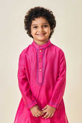 Buy_Joey & Pooh_Pink Cotton, Chanderi, Viscose Rumi Embroidered Bundi And Kurta Set _Online_at_Aza_Fashions