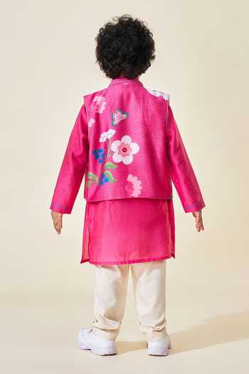 Shop_Joey & Pooh_Pink Cotton, Chanderi, Viscose Rumi Embroidered Bundi And Kurta Set _at_Aza_Fashions