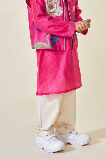 Joey & Pooh_Pink Cotton, Chanderi, Viscose Rumi Embroidered Bundi And Kurta Set _at_Aza_Fashions