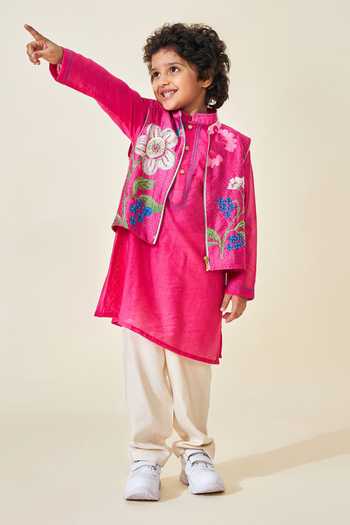 Shop_Joey & Pooh_Pink Cotton, Chanderi, Viscose Rumi Embroidered Bundi And Kurta Set 