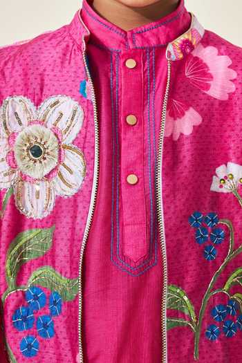 Joey & Pooh_Pink Cotton, Chanderi, Viscose Rumi Embroidered Bundi And Kurta Set _Online