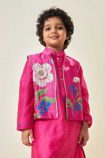 Buy_Joey & Pooh_Pink Cotton, Chanderi, Viscose Rumi Embroidered Bundi And Kurta Set _Online