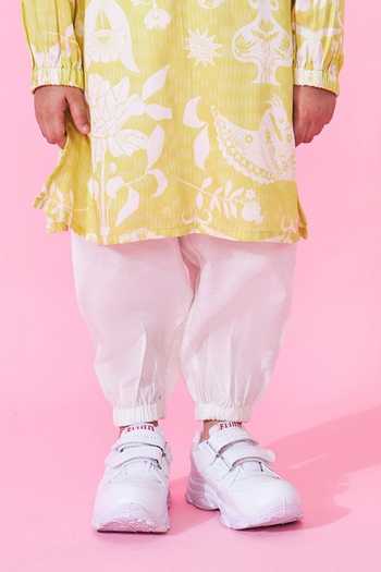 Buy_Joey & Pooh_Yellow Satin, Modal Poppy Printed Kurta Set _Online_at_Aza_Fashions