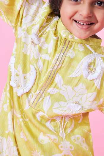 Shop_Joey & Pooh_Yellow Satin, Modal Poppy Printed Kurta Set 
