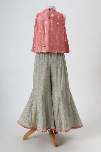Shop_Minime Organics_Peach Silk, Tissue Lace Embroidered Top And Palazzo Set _at_Aza_Fashions