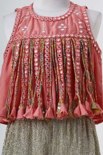 Shop_Minime Organics_Peach Silk, Tissue Lace Embroidered Top And Palazzo Set _Online_at_Aza_Fashions