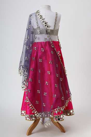 Shop_Minime Organics_Magenta Silk, Net Embroidered Blouse Lehenga Set _at_Aza_Fashions