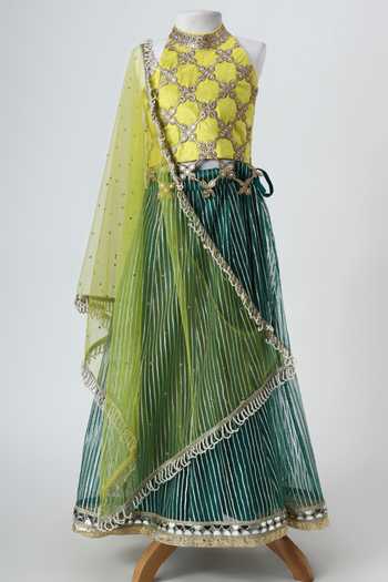 Minime Organics_Green Silk, Net Mirrorwork Lehenga Set _Online_at_Aza_Fashions