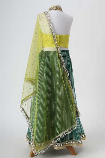Shop_Minime Organics_Green Silk, Net Mirrorwork Lehenga Set _at_Aza_Fashions