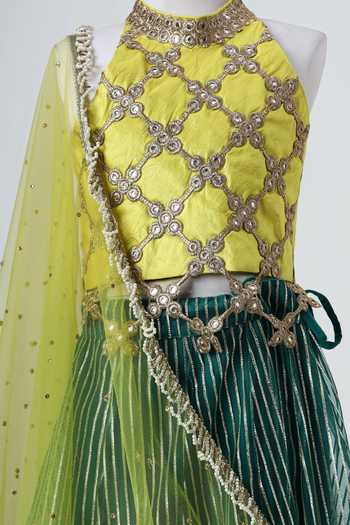 Buy_Minime Organics_Green Silk, Net Mirrorwork Lehenga Set _Online_at_Aza_Fashions
