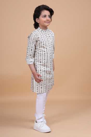 Raghavendra Rathore Blue_Peach Cotton The Linear Print Short Kurta _Online_at_Aza_Fashions