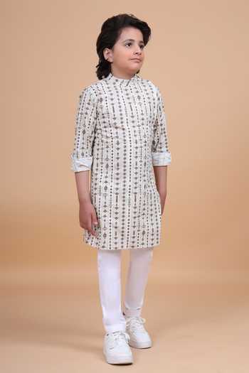 Buy_Raghavendra Rathore Blue_Peach Cotton The Linear Print Short Kurta _Online_at_Aza_Fashions