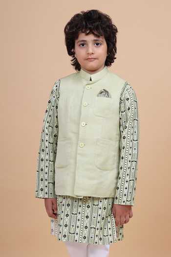 Buy_Raghavendra Rathore Blue_Green Silk, Linen Long Waistcoat _at_Aza_Fashions