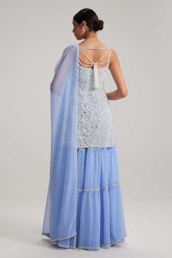 Shop_Vvani By Vani Vats_Sky Blue Net, Georgette Mirrors, Pearls, Embroidery Dew Kurta Sharara Set _at_Aza_Fashions