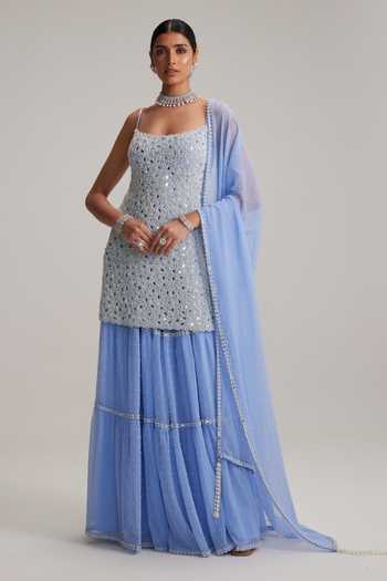 Buy_Vvani By Vani Vats_Sky Blue Net, Georgette Mirrors, Pearls, Embroidery Dew Kurta Sharara Set _Online_at_Aza_Fashions