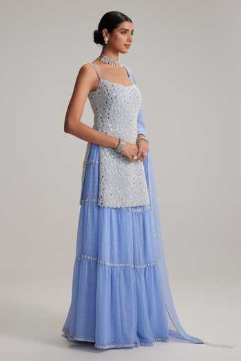 Vvani By Vani Vats_Sky Blue Net, Georgette Mirrors, Pearls, Embroidery Dew Kurta Sharara Set _at_Aza_Fashions