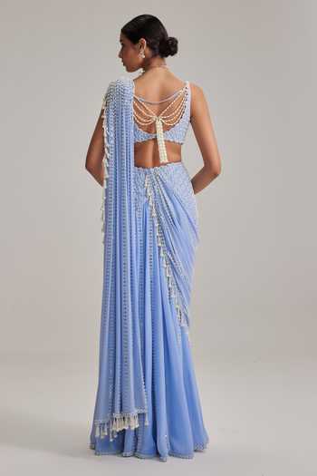 Shop_Vvani By Vani Vats_Sky Blue Georgette Pearls, Tassels, Mirrors, Linear And Work Draped Saree Set _at_Aza_Fashions