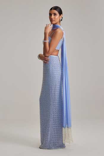 Buy_Vvani By Vani Vats_Sky Blue Net, Georgette, Satin Pearls, Beads Sweetheart Dew Pencil Skirt Set _Online_at_Aza_Fashions