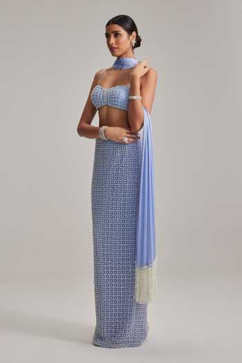 Shop_Vvani By Vani Vats_Sky Blue Net, Georgette, Satin Pearls, Beads Sweetheart Dew Pencil Skirt Set _Online_at_Aza_Fashions