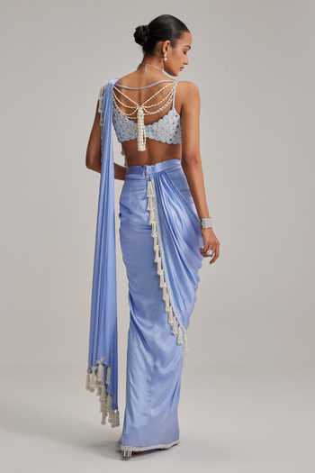 Shop_Vvani By Vani Vats_Sky Blue Satin, Georgette Tassels, Pearls, Mirrors Dew Draped Saree Set _at_Aza_Fashions