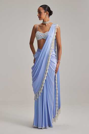 Vvani By Vani Vats_Sky Blue Satin, Georgette Tassels, Pearls, Mirrors Dew Draped Saree Set _Online_at_Aza_Fashions