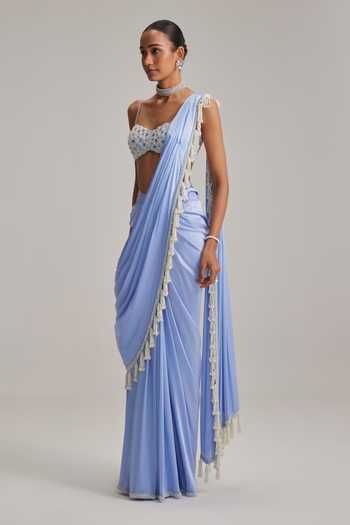 Buy_Vvani By Vani Vats_Sky Blue Satin, Georgette Tassels, Pearls, Mirrors Dew Draped Saree Set _Online_at_Aza_Fashions