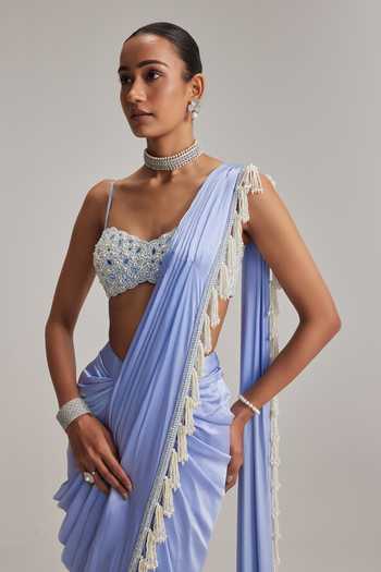 Shop_Vvani By Vani Vats_Sky Blue Satin, Georgette Tassels, Pearls, Mirrors Dew Draped Saree Set _Online_at_Aza_Fashions