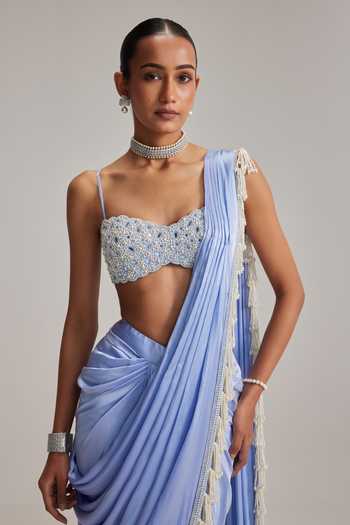 Vvani By Vani Vats_Sky Blue Satin, Georgette Tassels, Pearls, Mirrors Dew Draped Saree Set _at_Aza_Fashions