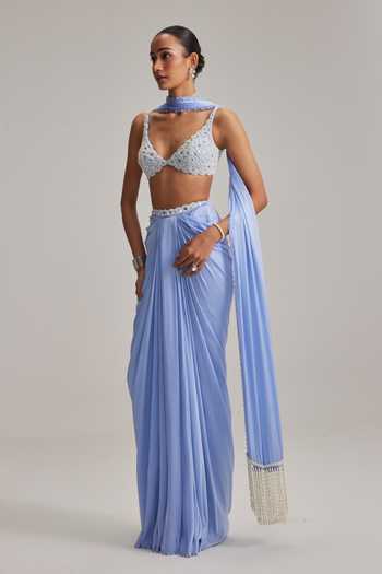 Buy_Vvani By Vani Vats_Sky Blue Georgette, Satin Mirrors, Pearls, Embroidery Dew Draped Skirt Set _Online_at_Aza_Fashions