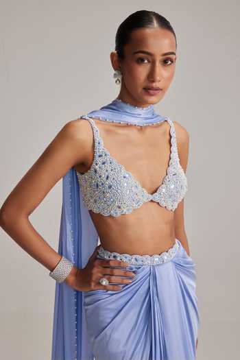 Shop_Vvani By Vani Vats_Sky Blue Georgette, Satin Mirrors, Pearls, Embroidery Dew Draped Skirt Set _Online_at_Aza_Fashions