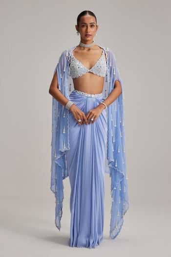 Vvani By Vani Vats_Sky Blue Satin, Georgette Pearls, Mirrors, Beads Dew Cape And Draped Skirt Set _Online_at_Aza_Fashions