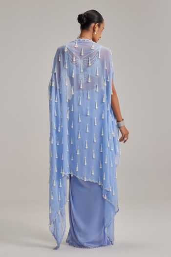Shop_Vvani By Vani Vats_Sky Blue Satin, Georgette Pearls, Mirrors, Beads Dew Cape And Draped Skirt Set _Online_at_Aza_Fashions
