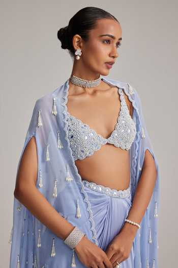 Vvani By Vani Vats_Sky Blue Satin, Georgette Pearls, Mirrors, Beads Dew Cape And Draped Skirt Set _at_Aza_Fashions